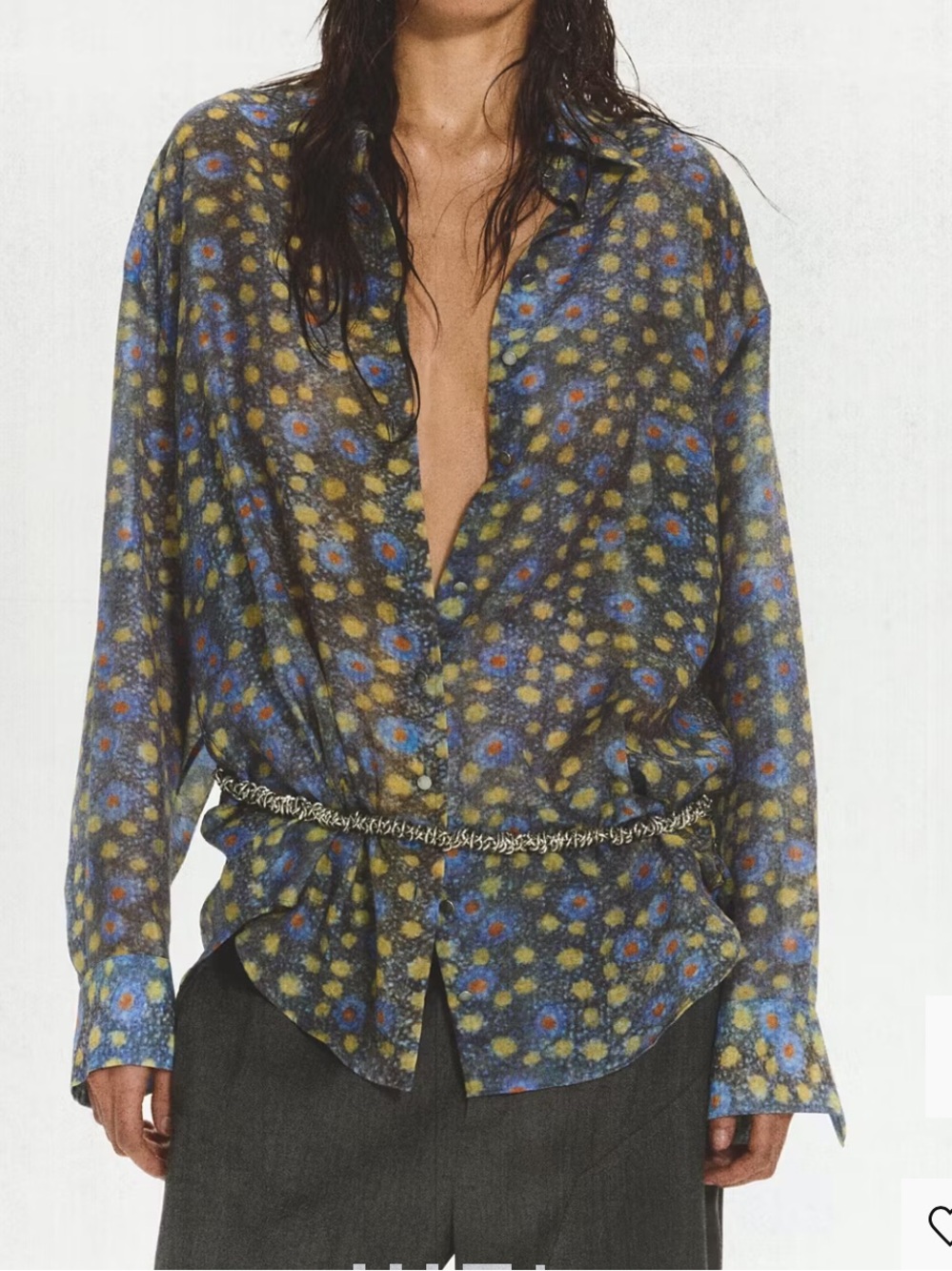 Mango Eckhaus Latta Blue, Yellow, Orange Dot Floral Button-Up Shirt SEMI-SHEER
